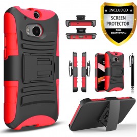 HTC One M8 Case, Dual Layers [Combo Holster] Case And Built-In Kickstand Bundled with [Premium Screen Protector] Hybird Shockproof And Circlemalls Stylus Pen (Red)